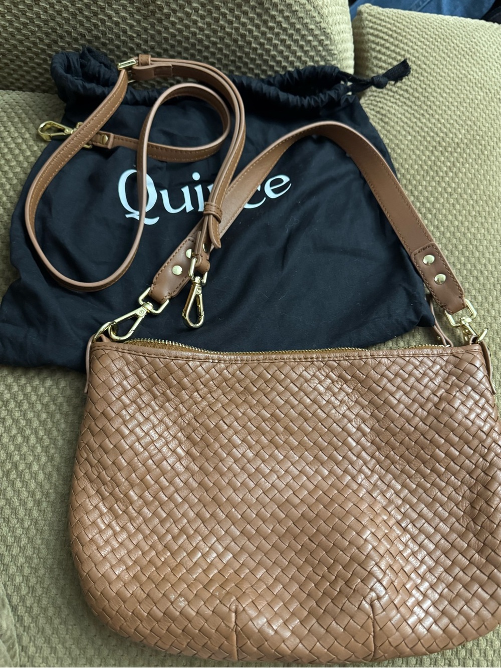 Quince Sloane handwoven Leather Shoulder Bag in cognac